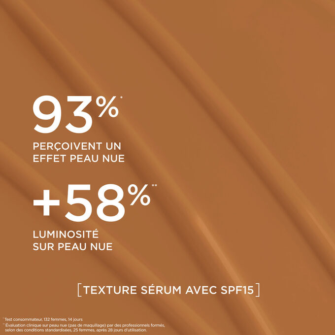Ce fond de teint s&eacute;rum offre un fini naturel, renfor&ccedil;ant l&rsquo;&eacute;clat de la peau pour 93 % des femmes test&eacute;es.