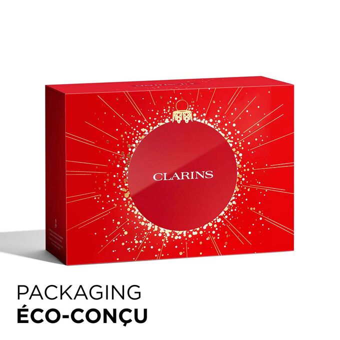 Plan produit du coffret cadeau de Noël Clarins avec un packaging écologique, mettant l’accent sur le développement durable et l’attention portée au cadeau.