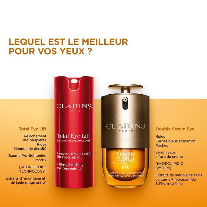Comparez Total Eye Lift et Double Serum Eye pour trouver le meilleur soin anti-&acirc;ge pour vous.