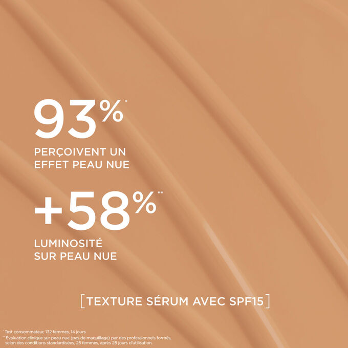 Ce fond de teint s&eacute;rum offre un fini naturel, renfor&ccedil;ant l&rsquo;&eacute;clat de la peau pour 93 % des femmes test&eacute;es.