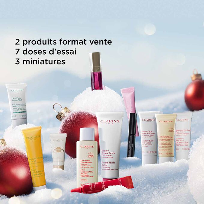 Plan produit du calendrier de l’Avent Maquillage 12 Jours avec 2 produits grand format, 7 doses d’essai et 3 miniatures de la gamme Clarins essentiels