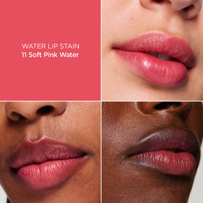 Gros plan des lèvres d’une femme, présentant les résultats en matière d’hydratation, de couleur et de fini mat après application de Water Lip Stain Rose en teinte 11.