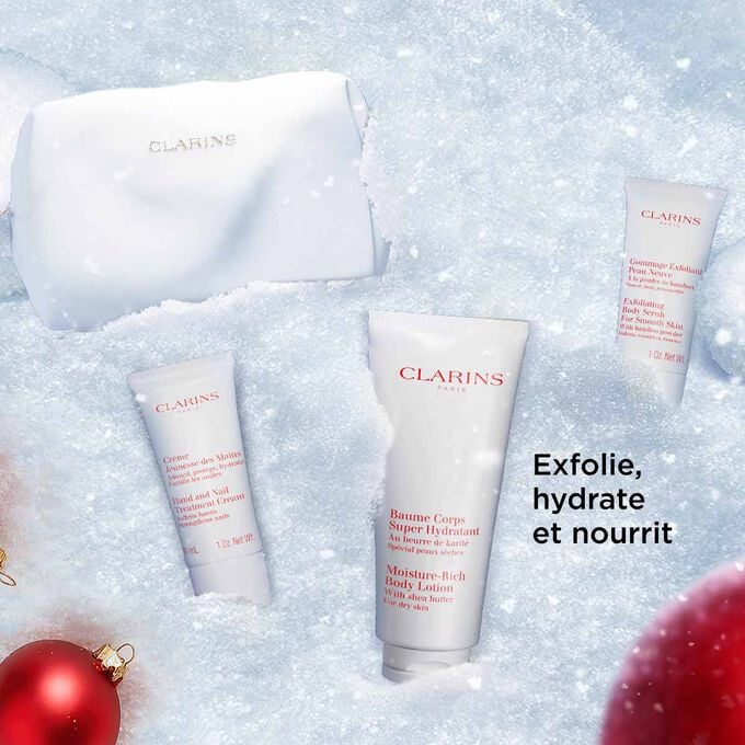 Plan produit du coffret cadeau de Noël pour le corps Clarins mettant en avant des soins exfoliants, hydratants et nourrissants pour une peau douce et lisse