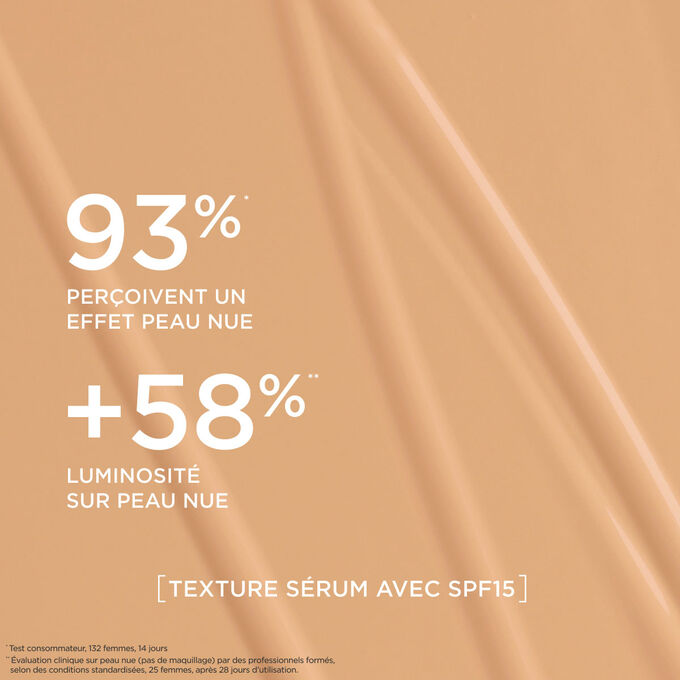 Ce fond de teint s&eacute;rum offre un fini naturel, renfor&ccedil;ant l&rsquo;&eacute;clat de la peau pour 93 % des femmes test&eacute;es.