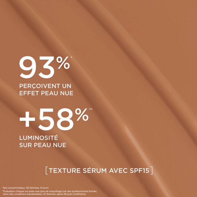Ce fond de teint s&eacute;rum offre un fini naturel, renfor&ccedil;ant l&rsquo;&eacute;clat de la peau pour 93 % des femmes test&eacute;es.