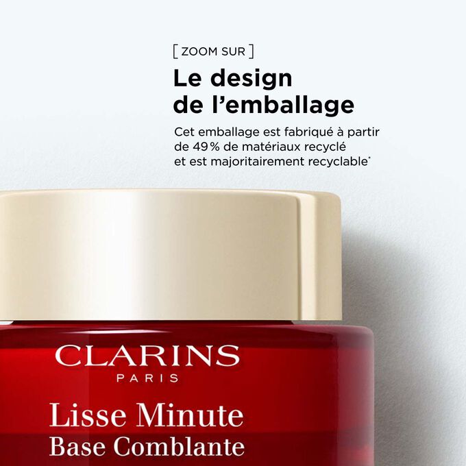 Pot rouge du lisse minute de Clarins soulignant son design d&rsquo;emballage et son rituel beaut&eacute; durable.
