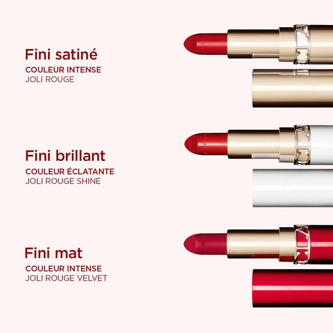 Sélection des types de rouges à lèvres Clarins : fini satiné, fini brillant et fini mat.
