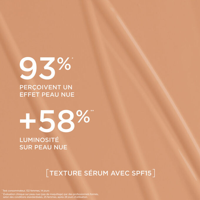 Ce fond de teint s&eacute;rum offre un fini naturel, renfor&ccedil;ant l&rsquo;&eacute;clat de la peau pour 93 % des femmes test&eacute;es.