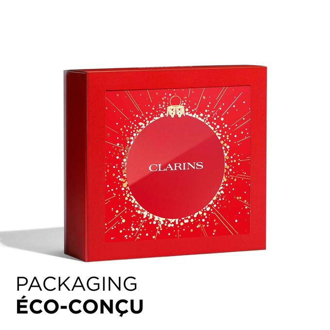 Plan produit du coffret cadeau de Noël Clarins avec un packaging écologique, mettant l’accent sur le développement durable et l’attention portée au cadeau.