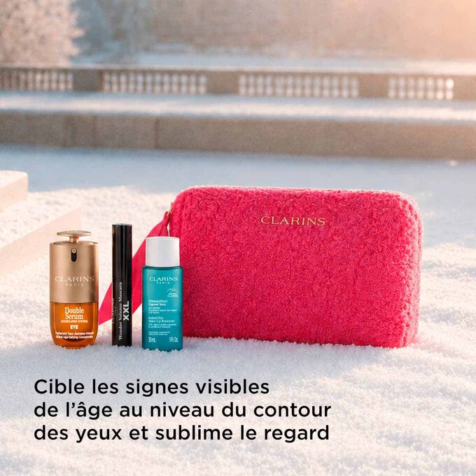 Coffret de soins Double Serum Eye avec un d&eacute;maquillant yeux et un mascara, pour cibler les signes visibles de l&rsquo;&acirc;ge, les cernes et sublimer le regard.