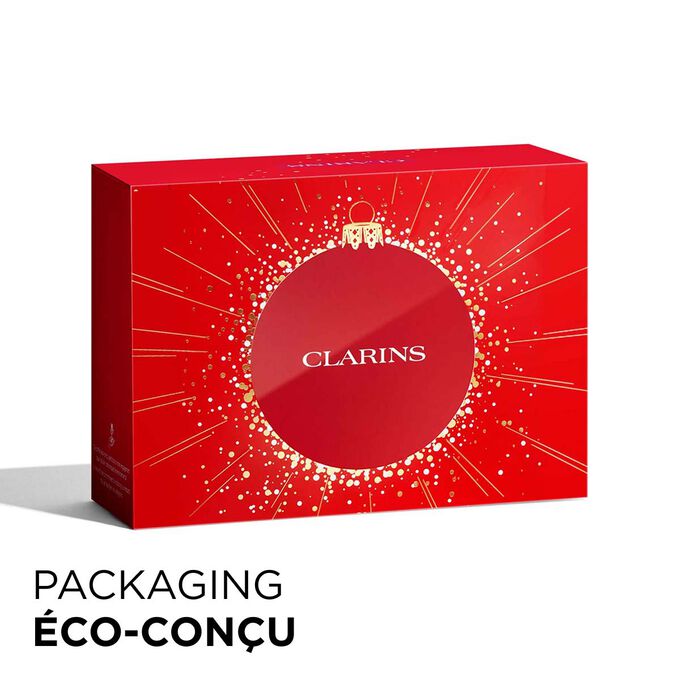 Plan produit du coffret cadeau de Noël Clarins avec un packaging écologique, mettant l’accent sur le développement durable et l’attention portée au cadeau.