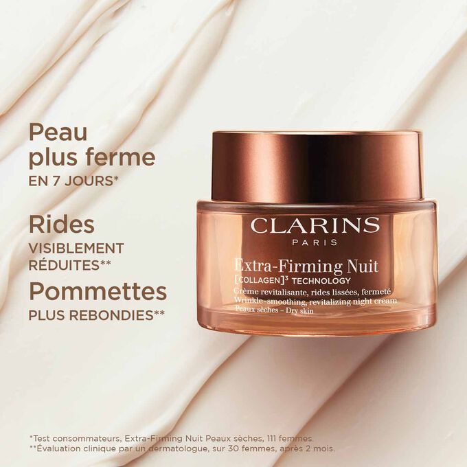 Plan produit de la Crème Extra-Firming Nuit pour peaux sèches illustrant ses effets repulpants et raffermissants visibles sur la peau