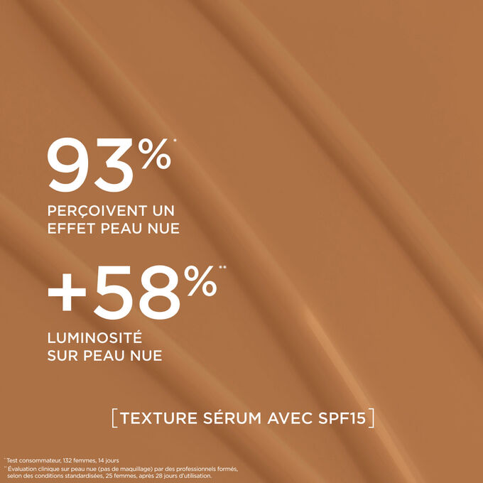 Ce fond de teint s&eacute;rum offre un fini naturel, renfor&ccedil;ant l&rsquo;&eacute;clat de la peau pour 93 % des femmes test&eacute;es.