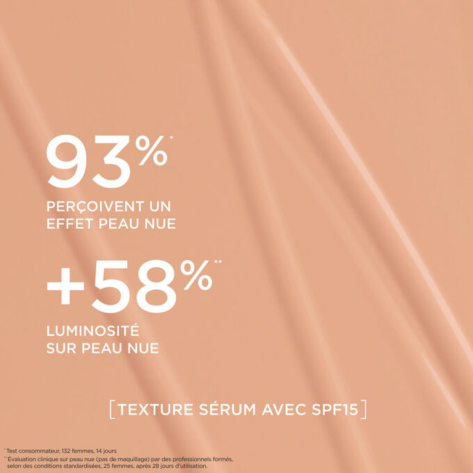 Ce fond de teint s&eacute;rum offre un fini naturel, renfor&ccedil;ant l&rsquo;&eacute;clat de la peau pour 93 % des femmes test&eacute;es.