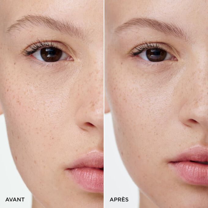 Les sourcils d&rsquo;une femme avant et apr&egrave;s utilisation du crayon &agrave; sourcils 2-en-1 Clarins en Light Brown, illustrant des sourcils plus fournis, structur&eacute;s et naturels.