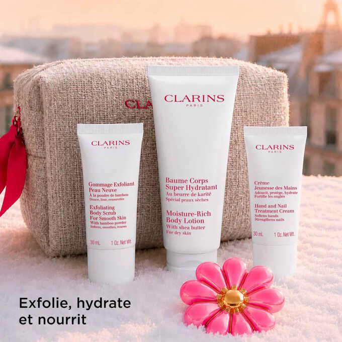 Coffret de soins pour le corps comprenant un baume corps, un gommage corps et une cr&egrave;me mains, pour exfolier, hydrater et nourrir les peaux s&egrave;ches au quotidien.