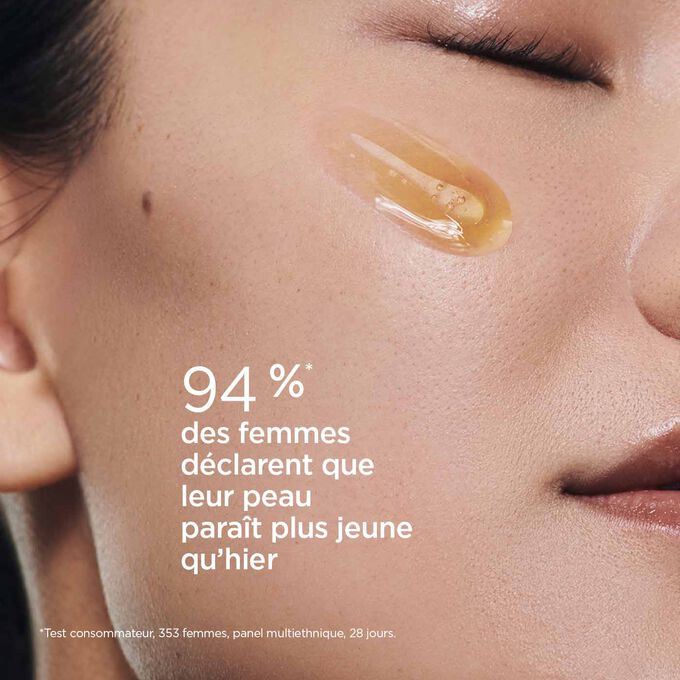 Gros plan sur la joue d'une femme pour montrer qu'avec le Double Serum Clarins, 94 % des utilisatrices sur un panel de 353 femmes ont déclaré à l’issue d'un test de 28 jours que leur peau paraissait plus jeune.