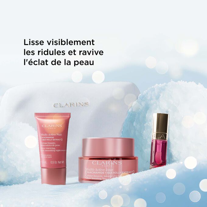 Plan produit du coffret cadeau de Noël Clarins contenant le premier soin anti-âge qui lisse les ridules et redonne de l’éclat aux peaux fatiguées