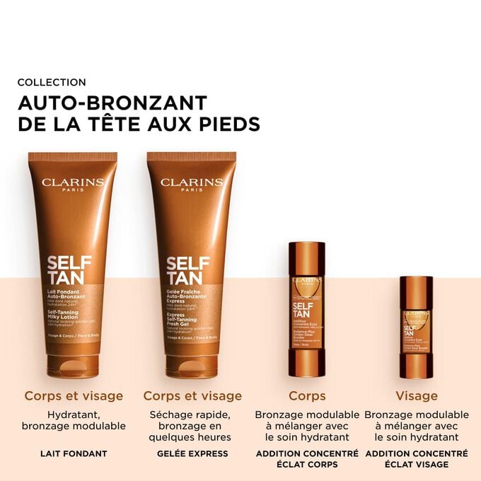 Plan produit de la gamme auto-bronzante de Clarins, qui contient des produits visage et corps pour un &eacute;clat radieux, dor&eacute; et h&acirc;l&eacute;.