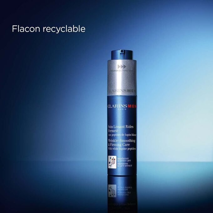 Plan produit du Soin Lissant Rides Fermeté Clarins homme pour illustrer que son emballage est composé à 50 % de plastique recyclé.