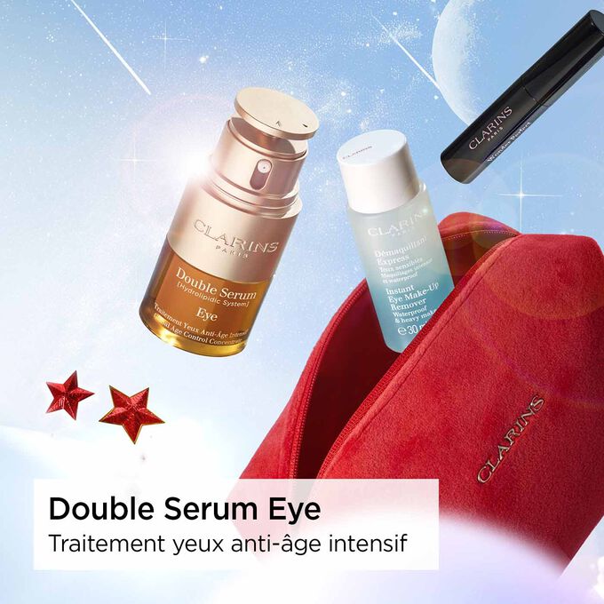Composition du coffret cadeau Double Serum Eye pour les fêtes de fin d'année de Clarins, mettant en avant le sérum pour les yeux et ses effets anti-âge.