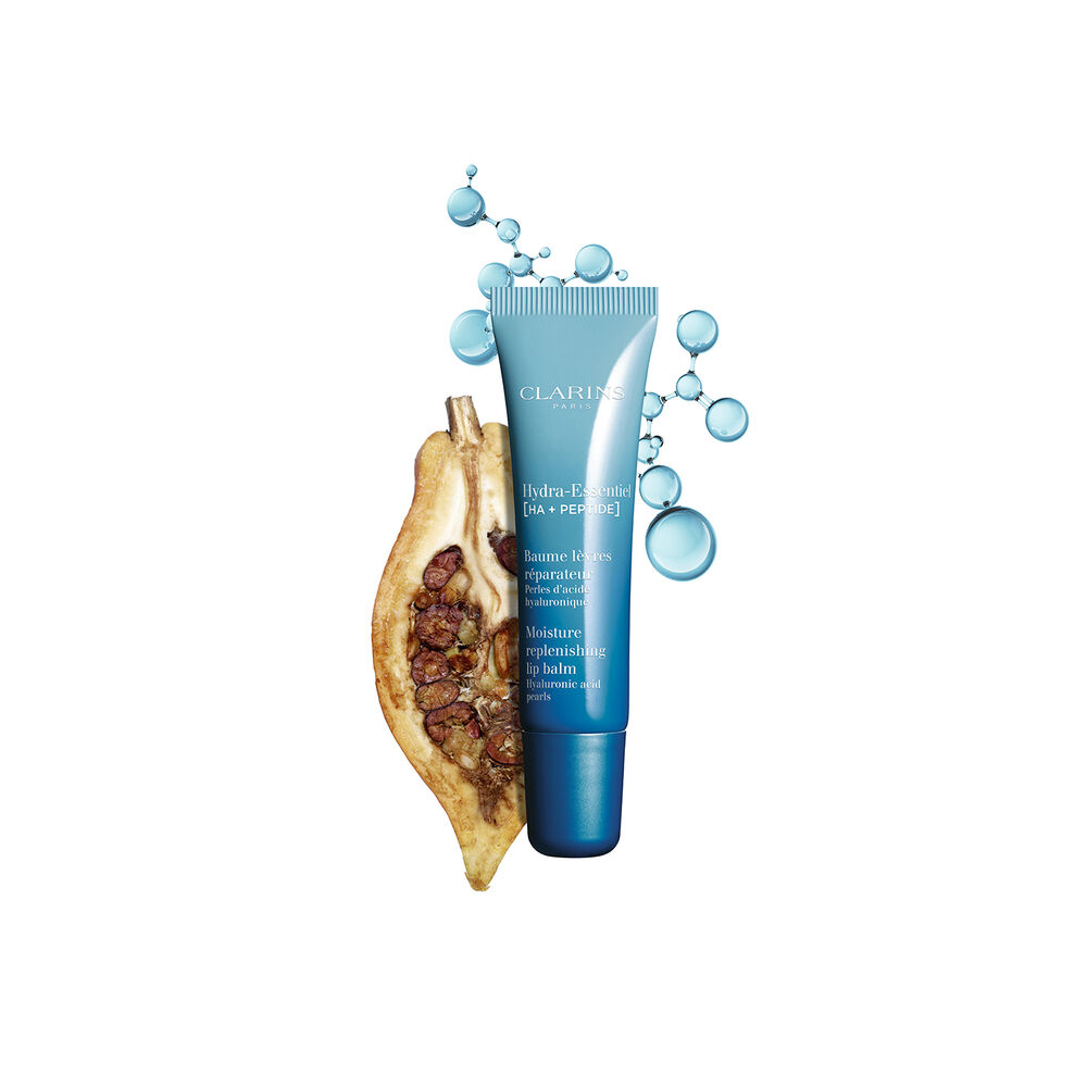 Plan produit Baume Lèvres Hydra Essentiel avec ingrédients extrait de cacao bio et acide hyaluronique