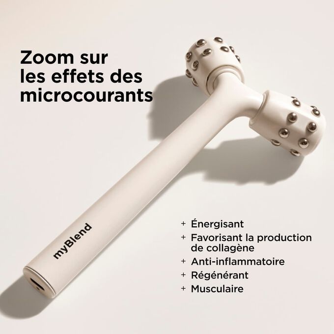 Appareil de massage facial liftant blanc &laquo; myLIFTINGroller &raquo;, pr&eacute;sent&eacute; avec une liste de ses bienfaits mettant en avant ses actions anti-&acirc;ge gr&acirc;ce aux micro-courants.