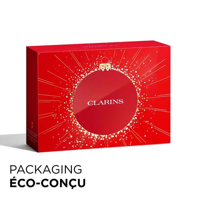 Plan produit du coffret cadeau de Noël Clarins avec un packaging écologique, mettant l’accent sur le développement durable et l’attention portée au cadeau.