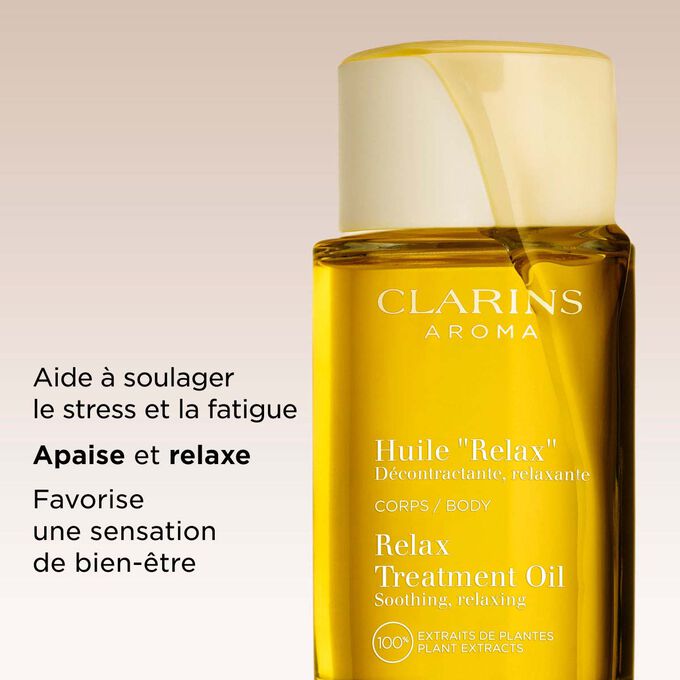 L&rsquo;huile corps relaxante Clarins soulage le stress et la fatigue pour apaiser et d&eacute;tendre l&rsquo;esprit, favorisant une sensation de bien-&ecirc;tre.