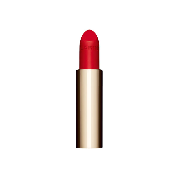 Plan produit du rouge à lèvres rechargeable Joli Rouge en teinte rouge 768V de Clarins, soulignant son design durable et élégant