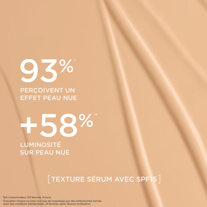 Ce fond de teint s&eacute;rum offre un fini naturel, renfor&ccedil;ant l&rsquo;&eacute;clat de la peau pour 93 % des femmes test&eacute;es.