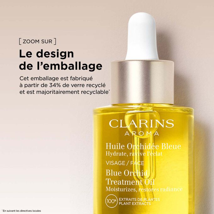 Cette huile hydratante visage pour peaux s&egrave;ches est pr&eacute;sent&eacute;e dans un emballage en verre recycl&eacute; pour une beaut&eacute; durable.