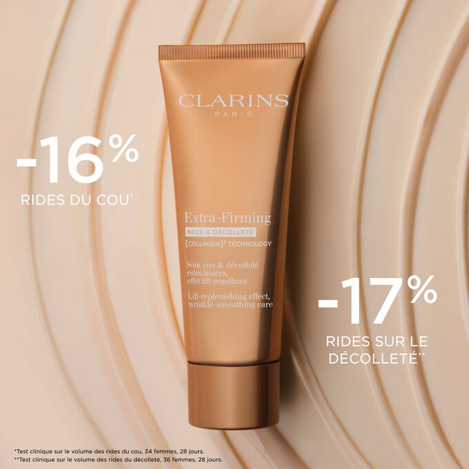 Plan produit du Soin Firming Neck & D&eacute;collet&eacute; sur un fond textur&eacute;, illustrant son effet anti-rides sur la zone du cou.