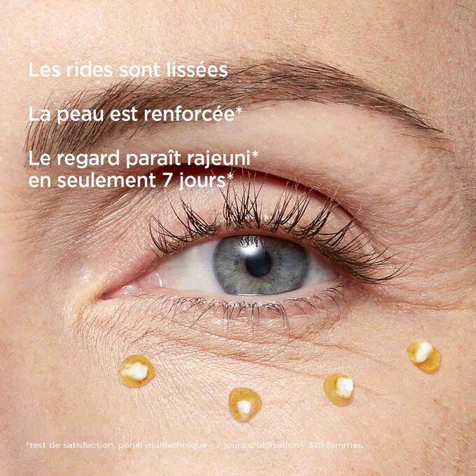 Gros plan sur l'œil d'une femme pour illustrer le fait que les utilisateurs du Double Serum Eye de Clarins voient leur regard rajeuni en 7 jours.