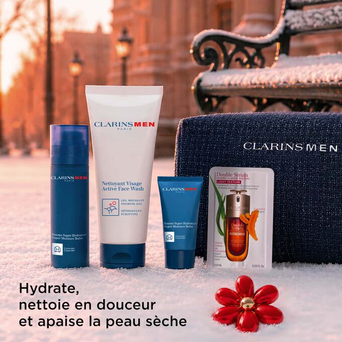 Plan produit du coffret de No&euml;l Clarins Men, mettant en avant les soins qui hydratent, nettoient et apaisent les peaux s&egrave;ches ou sensibles