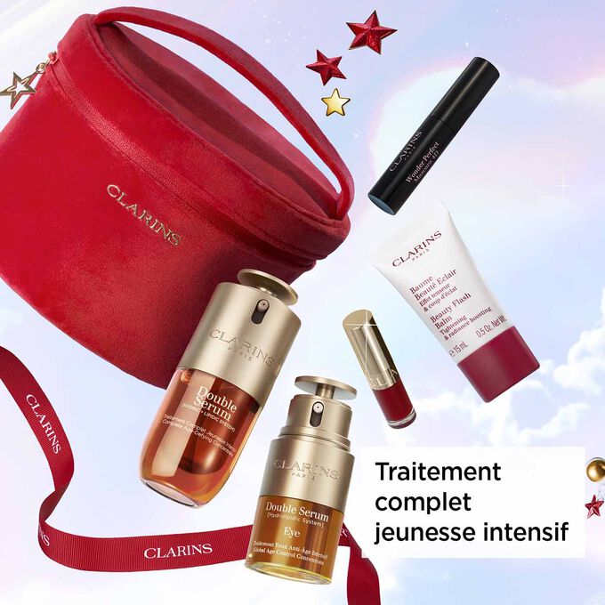 Image du coffret cadeau Double Serum pour les fêtes de fin d'année de Clarins, qui consiste à mettre en avant le Traitement Yeux Anti-Âge Intensif.