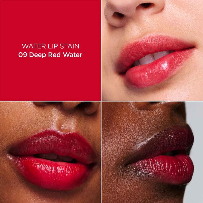 Gros plan des lèvres d’une femme, présentant les résultats en matière d’hydratation, de couleur et de fini mat après application de Water Lip Stain Rouge Foncé en teinte 9.