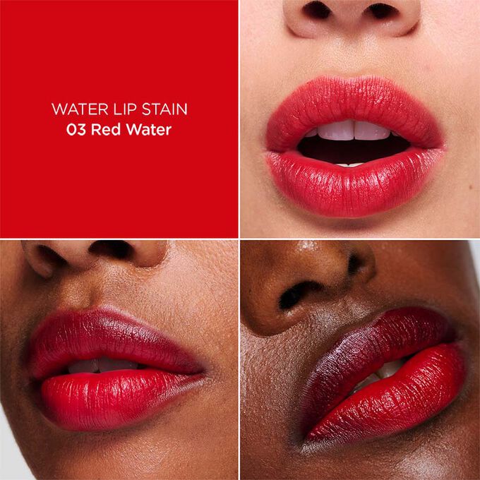 Gros plan des lèvres d’une femme, présentant les résultats en matière d’hydratation, de couleur et de fini mat après application de Water Lip Stain Rouge en teinte 03.