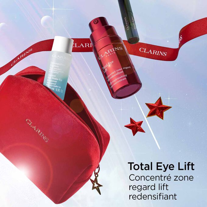 Photo des produits du coffret cadeau Total Eye Lift pour les fêtes de fin d'année de Clarins, avec un zoom sur Total Eye Lift, concentré zone regard lift redensifiant.