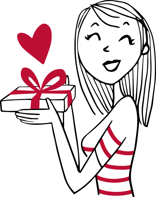 un coeur rouge et une femme tenant une boite dans ses mains