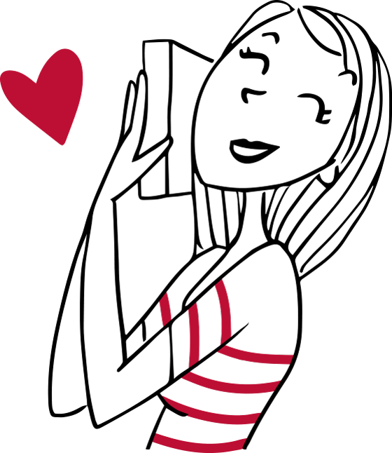 un coeur rouge et une femme tenant une boite dans ses mains