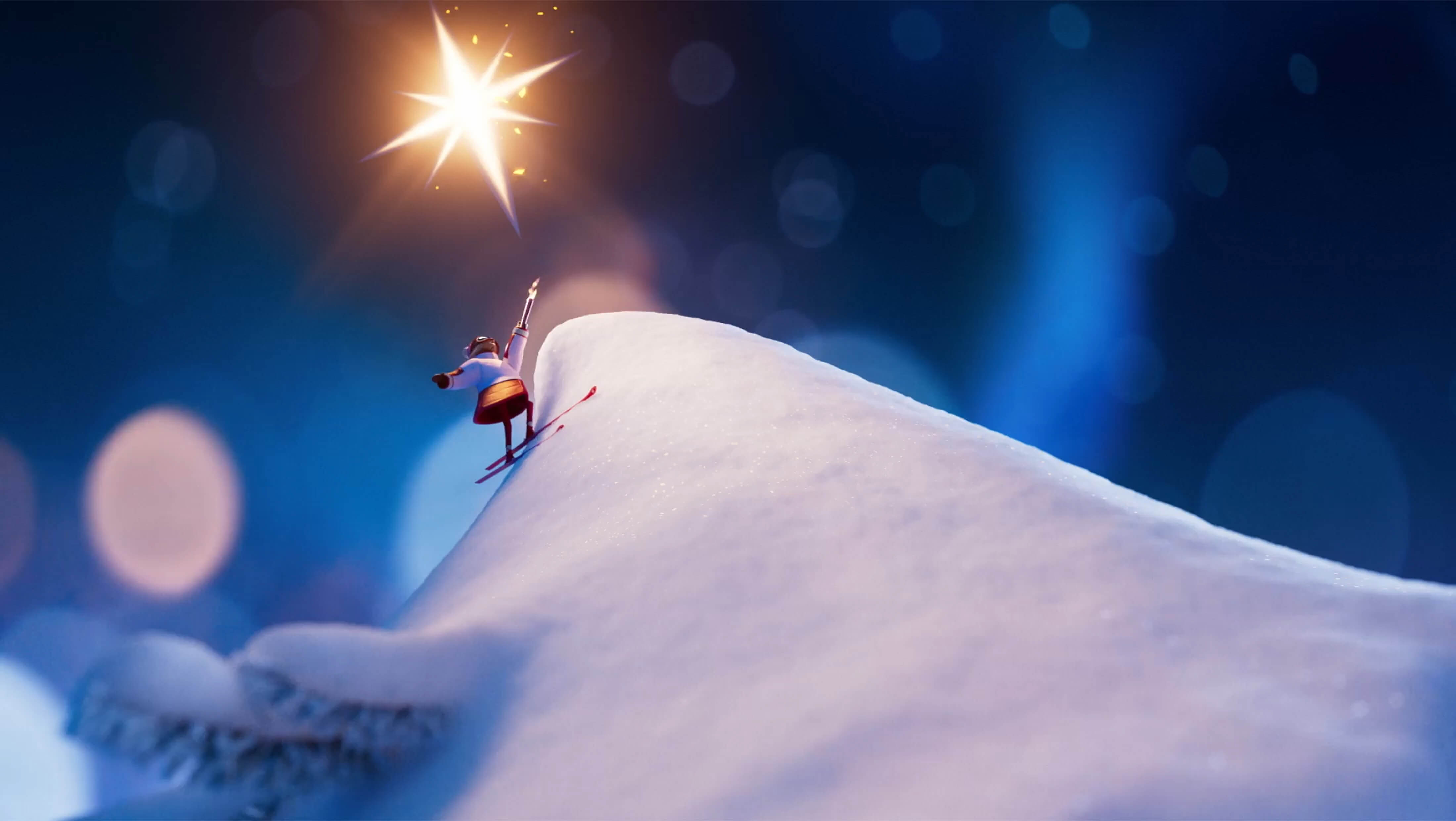 Extrait de la campagne vidéo Noël 2025 de Clarins, montrant un skieur glissant sur un sapin de Noël rempli de produits Clarins. of the Holiday video campaign 2025 of Clarins, showing a skier sliding down a Christmas tree filled with Clarins products.