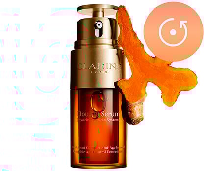 Double serum light texture packshot with main ingredient turmeric extract right next to it