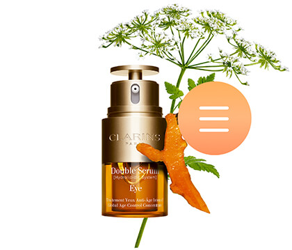 Double serum eye packshot with main ingredients Complex organic wild Chervil & Turmeric right next to it