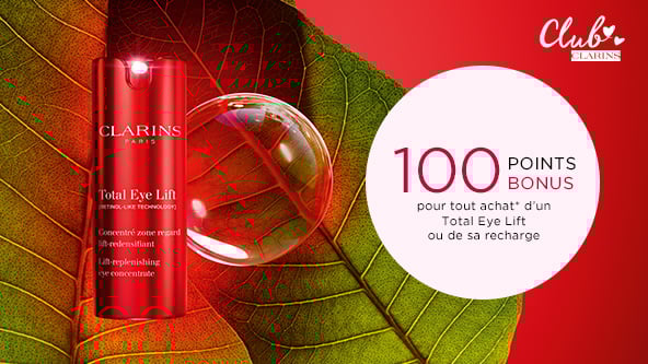 100 points bonus Club Clarins pour l'achat d'un Total Eye Lift ou d'une Recharge Total Eye Lift. 100 points bonus Club Clarins pour l'achat d'un Total Eye Lift ou d'une Recharge Total Eye Lift.