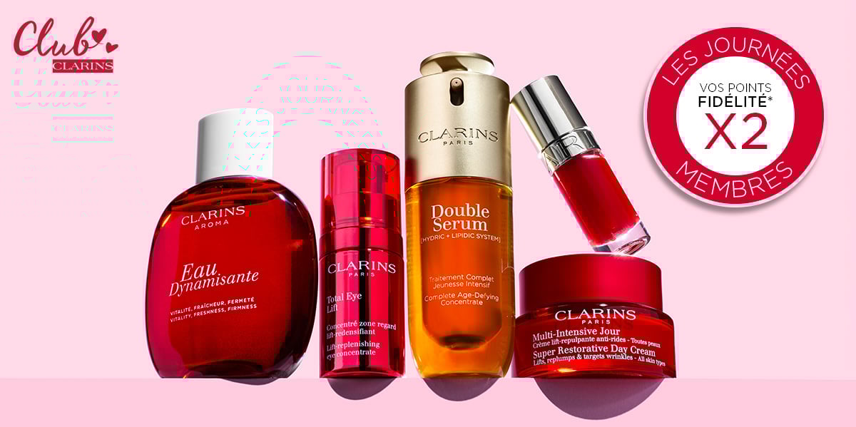 Inscrivez-vous au programme de fid&eacute;lit&eacute; Club Clarins pour b&eacute;n&eacute;ficier de votre offre points X2 