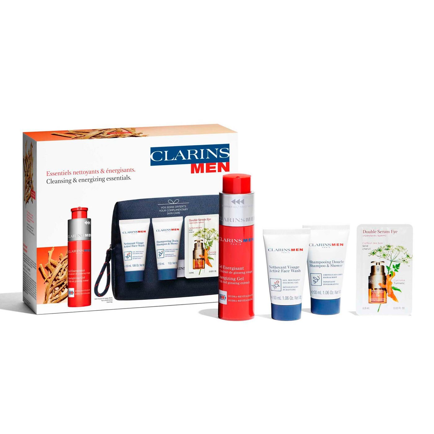 Coffret Homme ClarinsMen Gel Energisant, Nettoyant visage, Shampooing